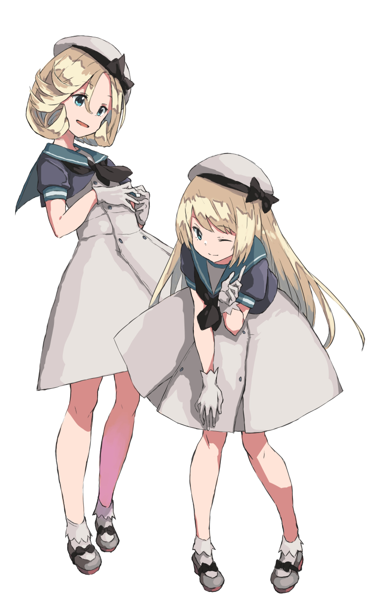 2girls black_jacket black_neckwear black_ribbon blonde_hair blue_eyes closed_mouth cropped_jacket dress eyebrows_visible_through_hair full_body gloves grey_footwear hat hat_ribbon highres jacket janus_(kancolle) jervis_(kancolle) kantai_collection long_hair matsutani multiple_girls neckerchief one_eye_closed open_mouth ribbon sailor_dress shoes short_hair simple_background socks white_background white_dress white_gloves white_headwear white_legwear