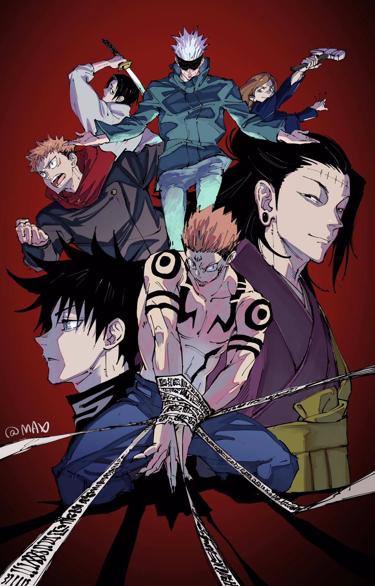 1girl 6+boys arm_tattoo black_blindfold black_hair black_jacket black_kimono blindfold blue_pants brown_hair chest_tattoo clenched_hand closed_mouth covered_eyes facial_mark facial_tattoo fingernails frown full_body fushiguro_megumi getou_suguru gojou_satoru grey_eyes hammer highres holding holding_hammer holding_sword holding_weapon hood hood_down hoodie itadori_yuuji jacket japanese_clothes jujutsu_kaisen katana kimono kugisaki_nobara long_hair looking_away max801115 multiple_boys nail okkotsu_yuuta pants profile red_background red_hoodie ryoumen_sukuna_(jujutsu_kaisen) sharp_fingernails short_hair smile spiky_hair squatting stitches sword tattoo topless_male twitter_username undercut upper_body weapon white_hair white_jacket