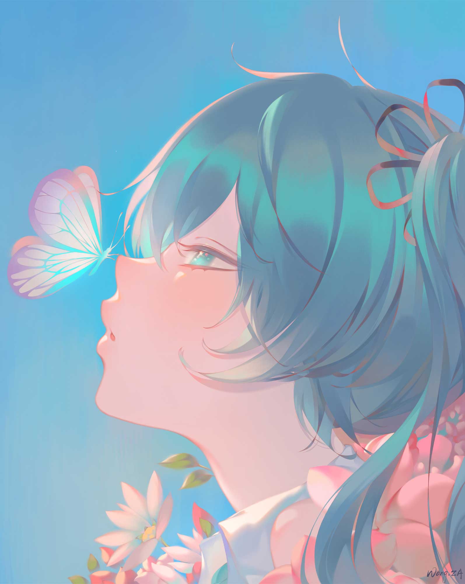 1girl aqua_neckwear artist_name blue_background blue_eyes blue_hair bug butterfly butterfly_on_nose close-up colorful eyelashes eyes_visible_through_hair face flower gradient gradient_butterfly hair_flower hair_ornament half-closed_eyes hatsune_miku high_collar highres leaf light_blush lips long_eyelashes long_hair parted_lips pastel_colors pink_flower profile shiny shiny_hair simple_background solo straight_hair upper_body vocaloid wangza white_flower