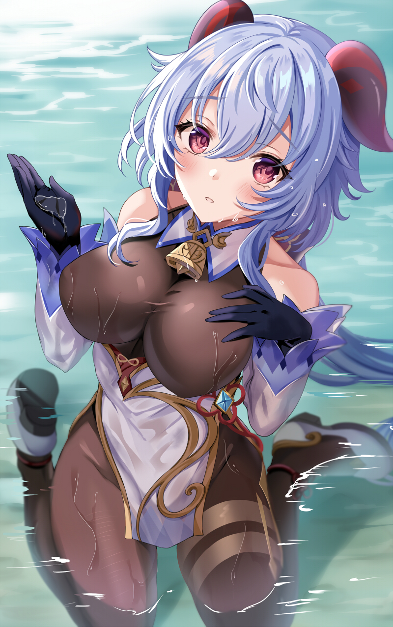 1girl ahoge bangs bare_shoulders bell black_gloves blue_hair blush bodystocking breasts brown_legwear detached_sleeves dress elbow_gloves ganyu_(genshin_impact) genshin_impact gloves harimoji highres horns large_breasts long_hair looking_at_viewer pantyhose thighs violet_eyes white_dress