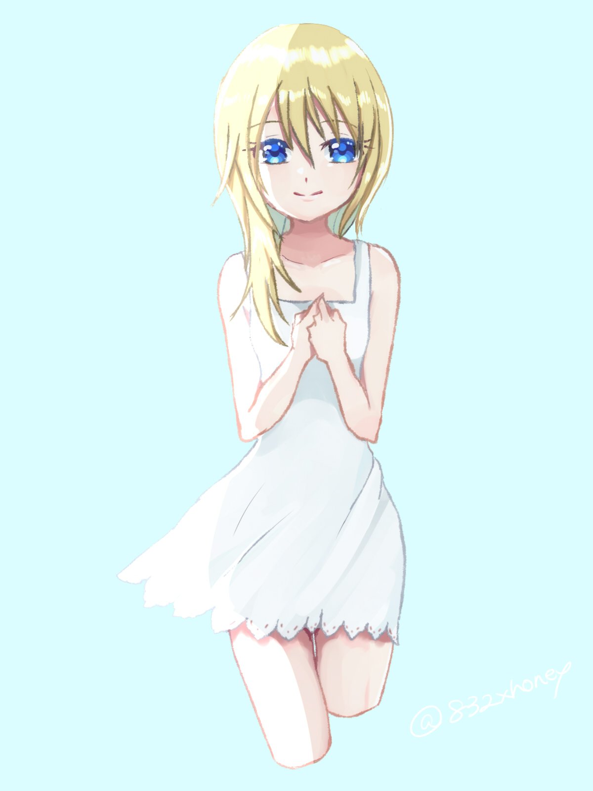 1girl bare_shoulders blonde_hair blue_eyes breasts closed_mouth collarbone dress highres kingdom_hearts kingdom_hearts_ii long_hair looking_at_viewer namine qijx simple_background smile solo white_dress