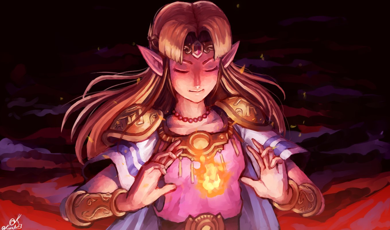 1girl armor bangs blonde_hair bracer breasts circlet closed_eyes dress earrings fire jewelry kornart long_hair necklace pointy_ears princess_zelda simple_background smile solo super_smash_bros. the_legend_of_zelda the_legend_of_zelda:_a_link_between_worlds tiara triforce