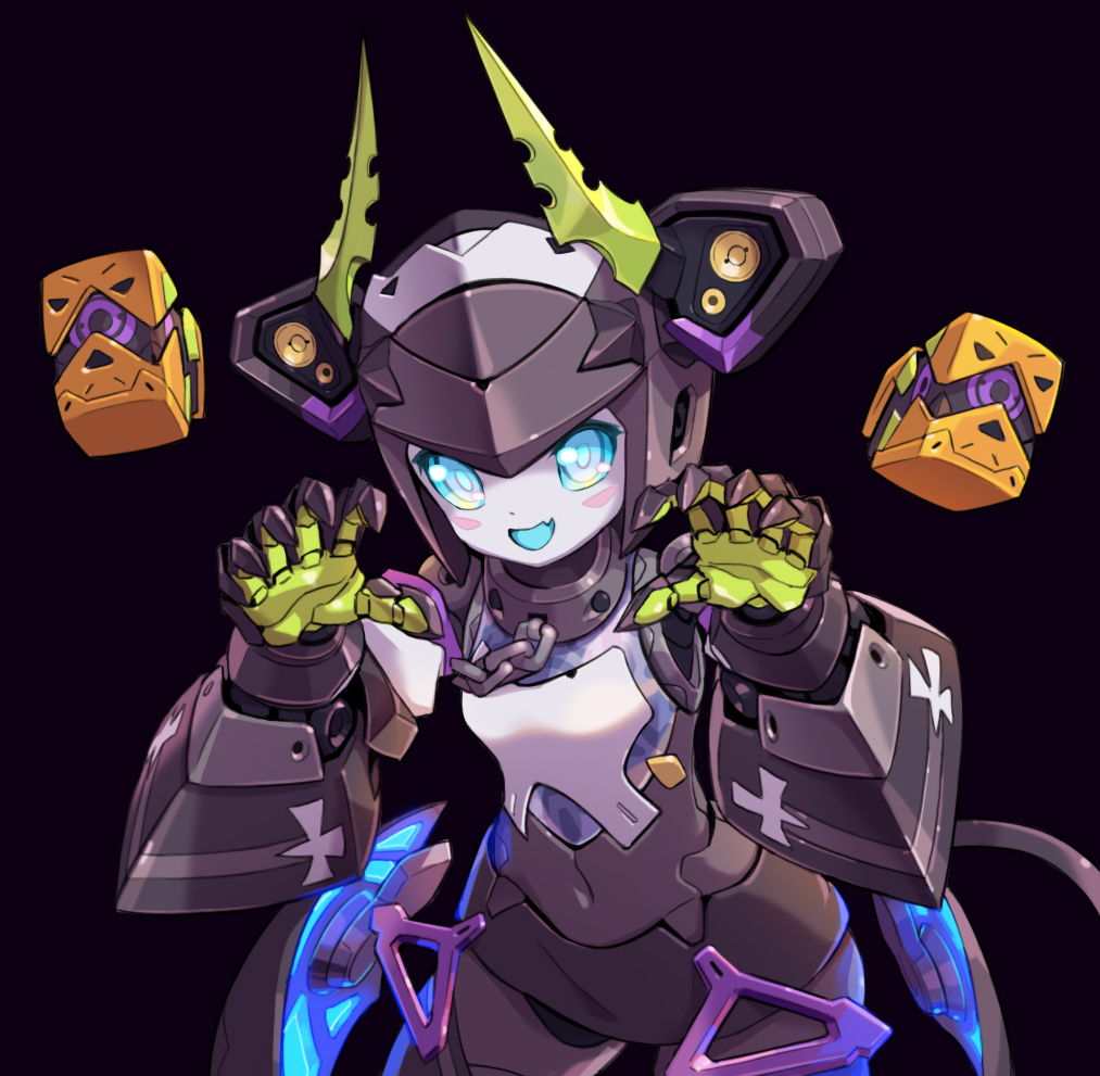 1girl black_background chain claw_pose dia_(world_flipper) fang horns humanoid_robot leaning_forward mechanical_horns metal_skin navel no_humans open_mouth science_fiction skin_fang smile solo speaker taedu world_flipper