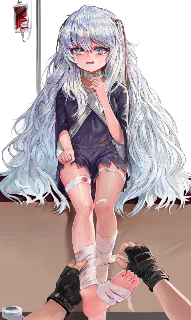 1girl 1other bandaged_foot bandaged_leg bandages bandaid bandaid_on_knee black_gloves blood blood_bag blood_on_bandages blue_dress commentary_request crying crying_with_eyes_open dokomon dress fingerless_gloves girls_frontline gloves hair_between_eyes highres korean_commentary long_hair open_mouth ribeyrolles_(girls'_frontline) sad silver_hair sitting tears torn_clothes torn_dress wavy_hair