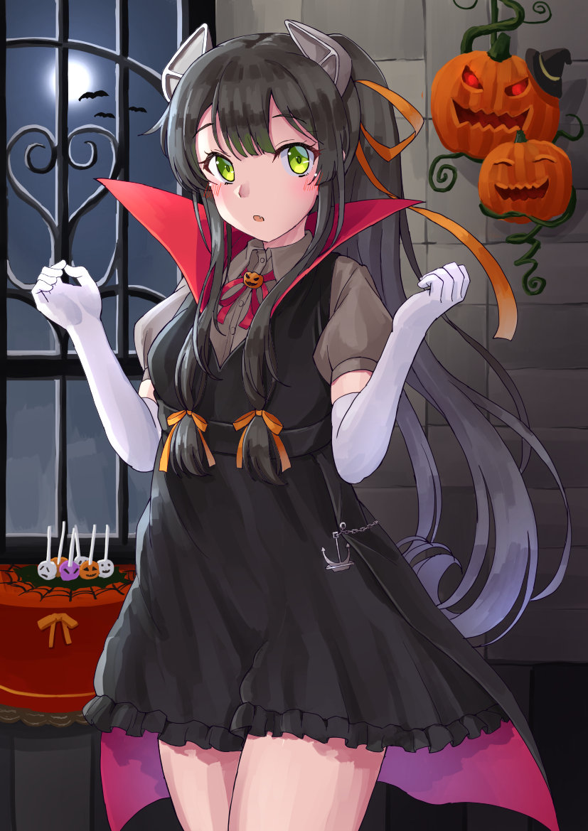 1girl animal bat black_dress black_hair blush brown_shirt buttons cape collared_shirt cowboy_shot dress elbow_gloves gloves green_eyes hair_between_eyes hair_ribbon halloween halloween_costume headgear i-47_(kancolle) jack-o'-lantern kantai_collection long_hair looking_at_viewer mayura2002 official_alternate_costume open_mouth orange_ribbon puffy_short_sleeves puffy_sleeves red_ribbon ribbon shirt short_sleeves solo vampire_costume white_gloves