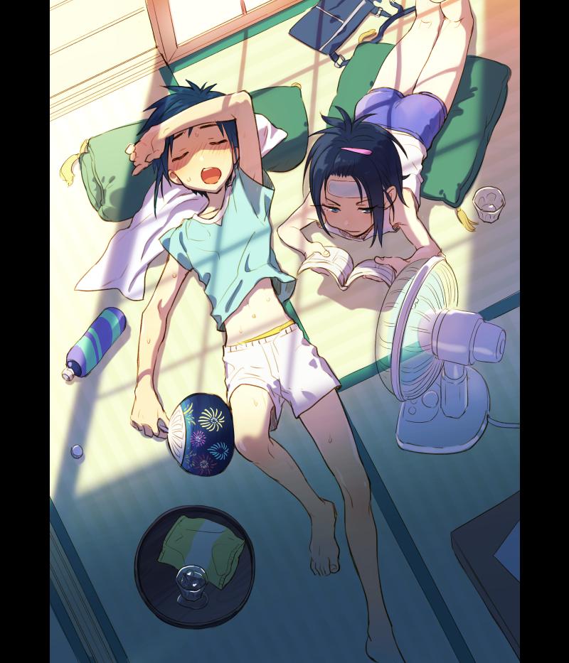 2boys aqua_shirt bangs barefoot black_hair blue_hair blue_shorts blush book bottle closed_eyes cup cushion electric_fan hand_fan holding holding_book holding_fan hot lying male_focus multiple_boys on_back on_stomach open_mouth original pillarboxed pillow_(nutsfool) reading shirt shorts sweat tank_top tassel tatami tray white_shorts white_tank_top