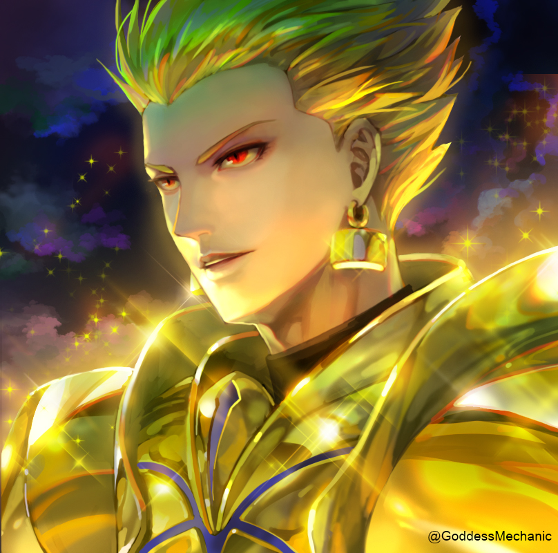 1boy armor blonde_hair earrings fate/stay_night fate_(series) gilgamesh_(fate) gold_armor jewelry kim_yura_(goddess_mechanic) male_focus portrait red_eyes shiny solo sparkle twitter_username