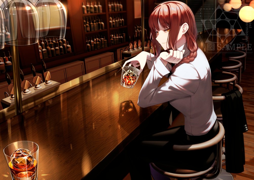 1girl alcohol bangs bar black_pants braid braided_ponytail chainsaw_man chair cluseller collared_shirt counter cup drinking_glass formal holding holding_cup ice indoors makima_(chainsaw_man) pants redhead shiny shirt shirt_tucked_in sitting smile white_shirt yellow_eyes