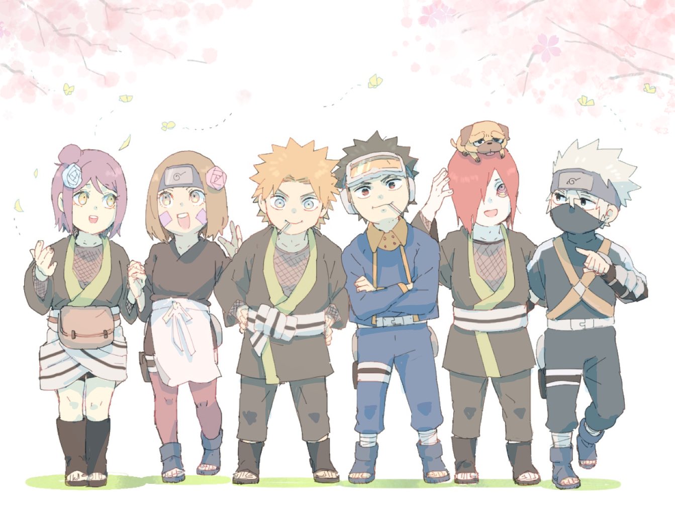 2girls 4boys :d black_hair bracelet brown_hair bug butterfly cherry_blossoms crossed_arms dog facial_mark flower forehead_protector goggles goggles_on_head grey_hair hair_flower hair_ornament hands_on_hips hatake_kakashi holding_hands jacket jewelry konan_(naruto) konohagakure_symbol looking_at_another looking_at_viewer mask meitarou mouth_hold mouth_mask multiple_boys multiple_girls nagato_(naruto) naruto naruto_(series) naruto_shippuuden ninja nohara_rin open_mouth orange_eyes orange_hair pakkun_(naruto) pants purple_hair redhead rinnegan short_hair smile spiky_hair standing toeless_footwear toes uchiha_obito yahiko_(naruto) younger