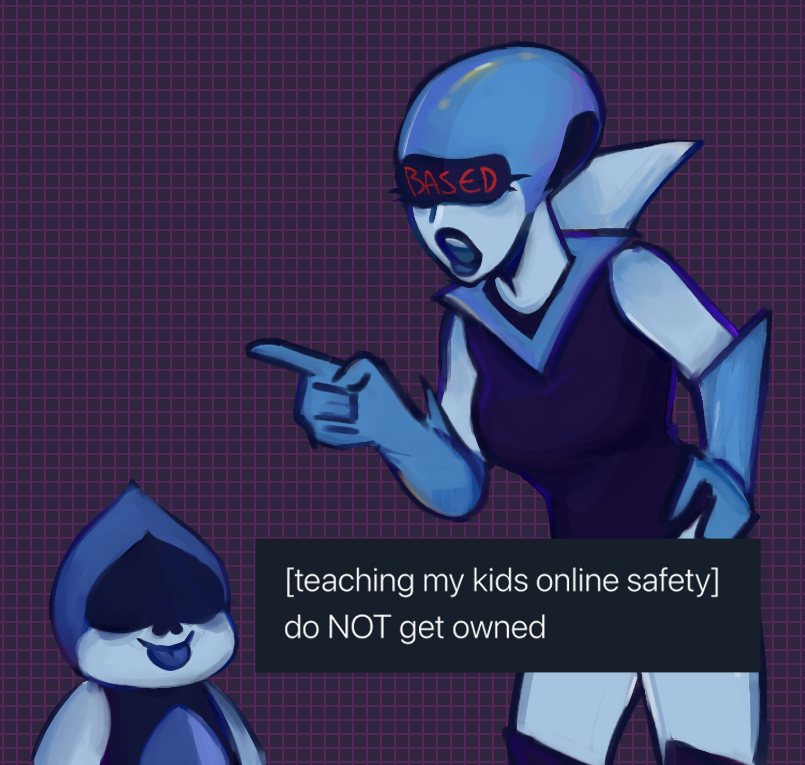 1boy 1girl breasts deltarune english_text f0glamp grid_background lancer_(deltarune) meme mother_and_son open_mouth queen_(deltarune) simple_background standing text tongue tongue_out