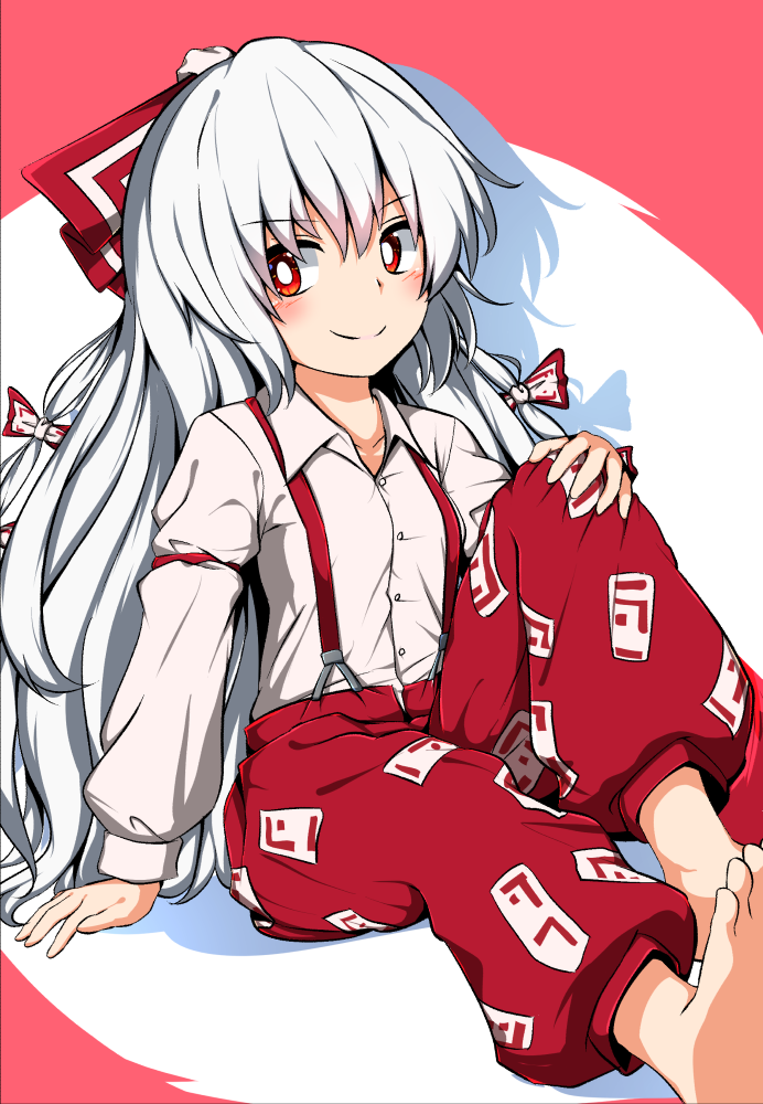 1girl bangs barefoot bow bright_pupils buttons closed_mouth collared_shirt eyebrows_visible_through_hair fujiwara_no_mokou grey_hair hair_bow hand_on_own_knee knee_up long_hair long_sleeves looking_at_viewer multiple_bows ofuda ofuda_on_clothes pants red_eyes red_pants shirt sho_(pvt_shoumei) sitting smile solo suspenders touhou white_pupils white_shirt