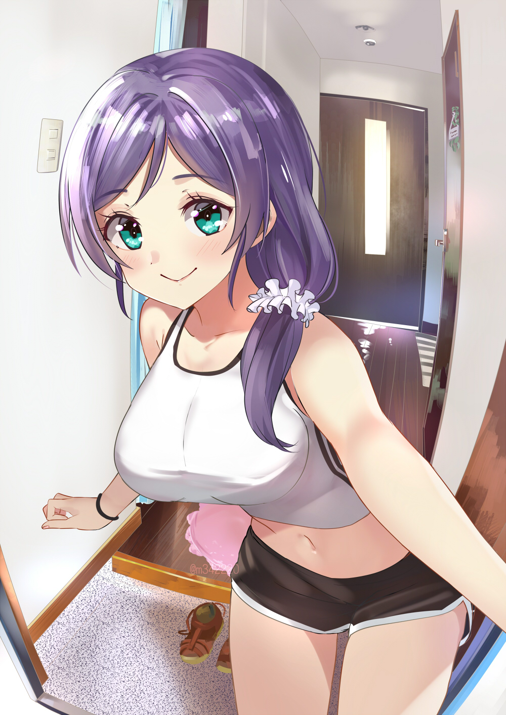 1girl aqua_eyes bangs bare_arms bare_shoulders black_shorts blush breasts bunbun_(midukikome) closed_mouth cowboy_shot crop_top dolphin_shorts eyebrows_visible_through_hair hair_over_shoulder highres indoors large_breasts long_hair looking_at_viewer love_live! love_live!_school_idol_project navel opening_door parted_bangs purple_hair scrunchie short_shorts shorts smile solo swept_bangs tank_top toujou_nozomi white_tank_top