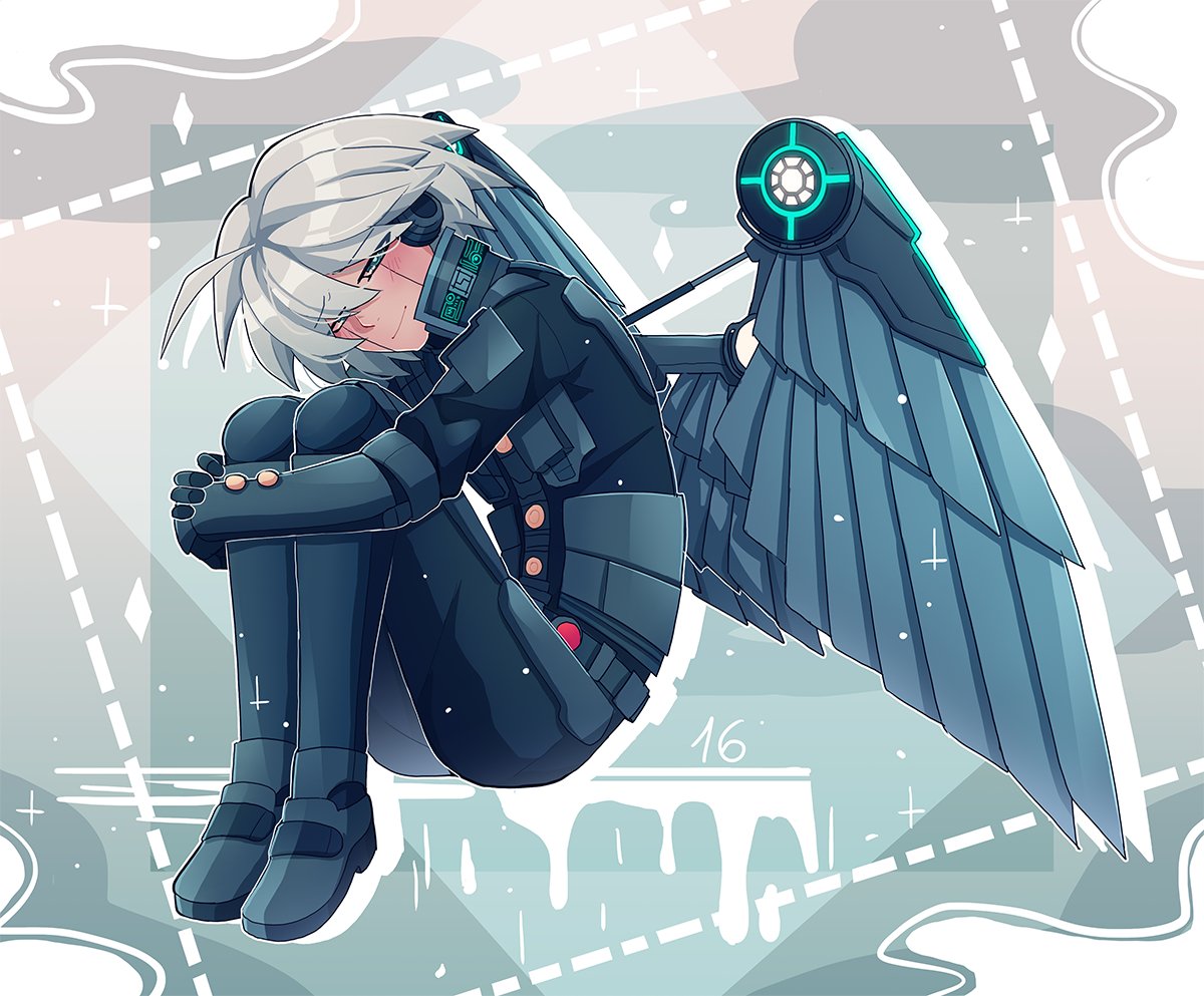 ahoge android bangs blush cheer_(cheerkitty14) closed_mouth danganronpa_(series) danganronpa_v3:_killing_harmony grey_background grey_hair half-closed_eyes headphones hugging_own_legs keebo long_sleeves looking_at_viewer outline power_armor shiny shiny_hair smile solo white_outline wings