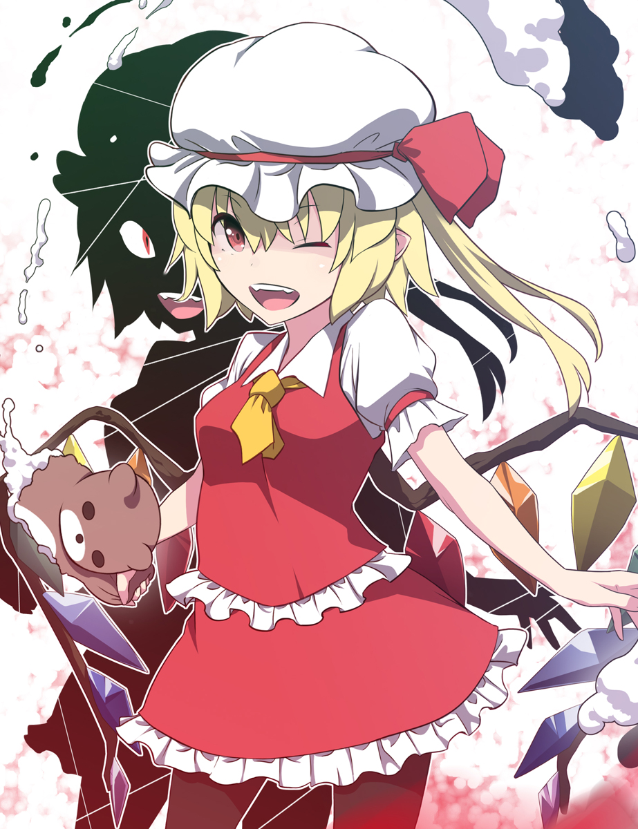 1girl ;d ascot bangs blonde_hair blush bow broken commentary_request crystal dual_persona eyebrows_visible_through_hair flandre_scarlet frilled_shirt_collar frills full_body hair_between_eyes hat hat_bow highres looking_at_viewer mob_cap one_eye_closed one_side_up open_mouth otoufu_(wddkq314band) petticoat pointy_ears puffy_short_sleeves puffy_sleeves red_bow red_eyes red_footwear red_skirt red_vest sharp_teeth short_hair short_sleeves simple_background skirt smile solo stuffed_animal stuffed_toy teddy_bear teeth touhou vest white_background white_headwear wings yellow_neckwear