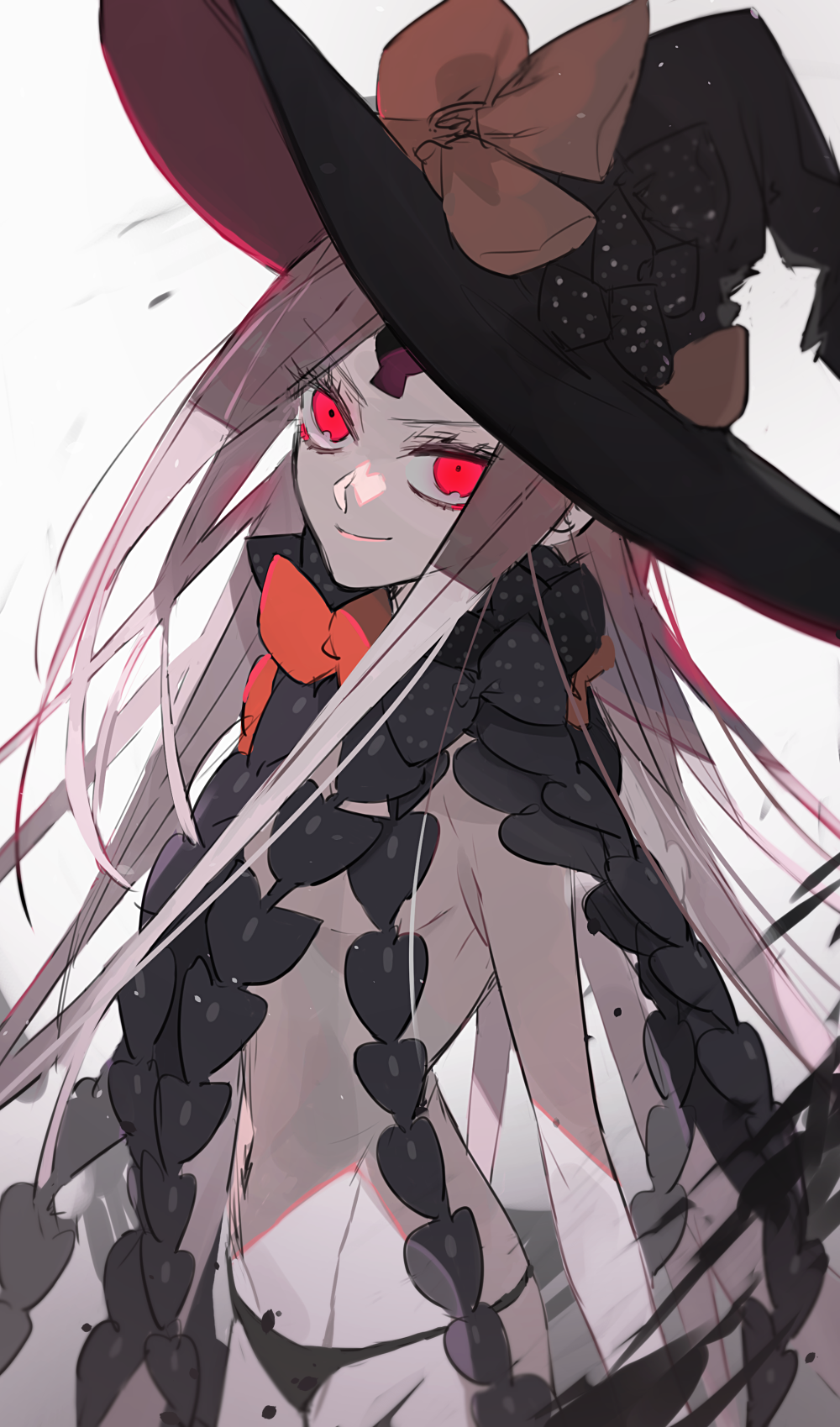 1girl abigail_williams_(fate) black_bow black_headwear black_panties bow ebanoniwa facial_mark fate/grand_order fate_(series) forehead_mark hat hat_bow highres keyhole looking_at_viewer orange_bow pale_skin panties red_eyes revealing_clothes simple_background smile solo standing underwear white_background witch_hat