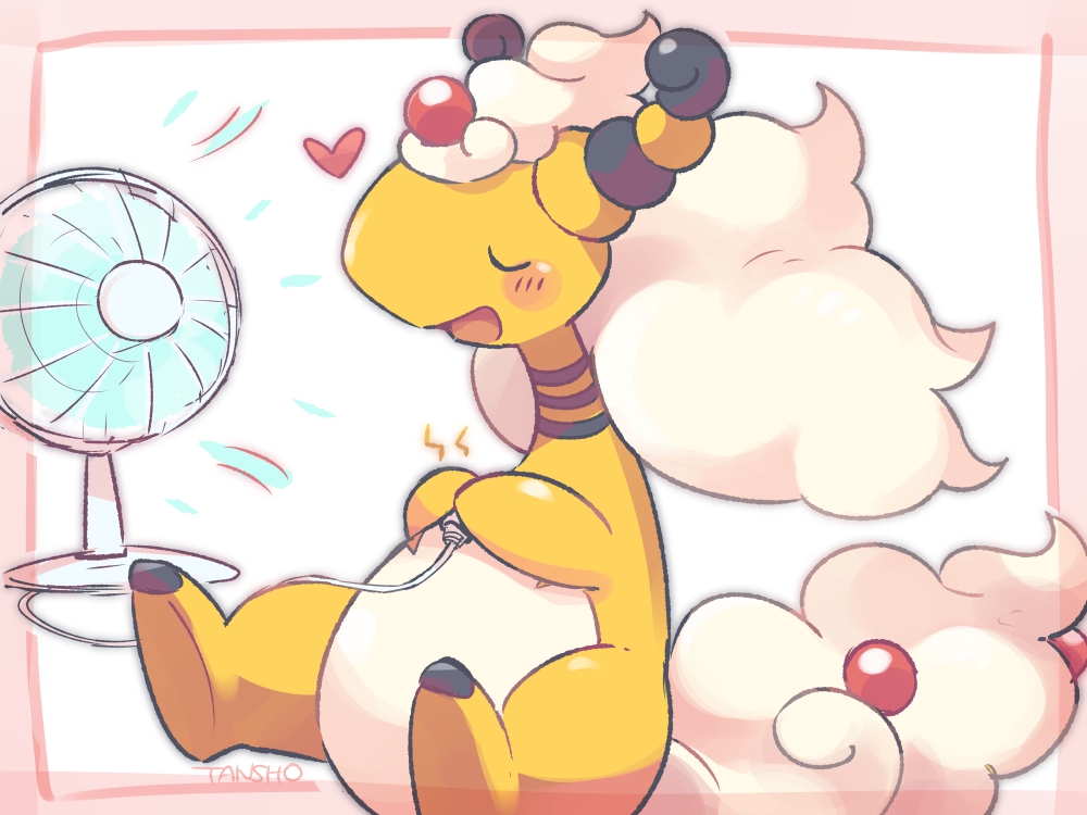 :d ampharos blush_stickers closed_eyes commentary_request electric_fan framed heart holding mega_ampharos mega_pokemon no_humans open_mouth pokemon pokemon_(creature) signature sitting smile solo tansho tongue