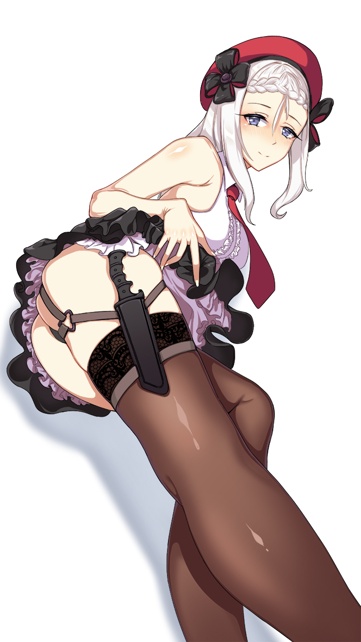 1girl ass beret blue_eyes blush braid clothes_lift collared_shirt commentary french_braid frilled_shirt frills from_below girls_frontline hair_between_eyes hat highres jamgom knife lace_trim lifted_by_self looking_at_viewer mod3_(girls'_frontline) mp5_(girls'_frontline) necktie older red_headwear red_neckwear sheath sheathed shirt simple_background skirt skirt_lift sleeveless smile solo thighs white_background white_hair white_shirt