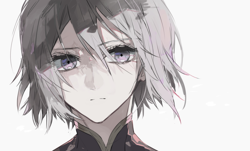 1boy closed_mouth ebanoniwa expressionless fate/grand_order fate_(series) gao_changgong_(fate) grey_hair hair_between_eyes looking_at_viewer male_focus medium_hair portrait simple_background solo violet_eyes white_background