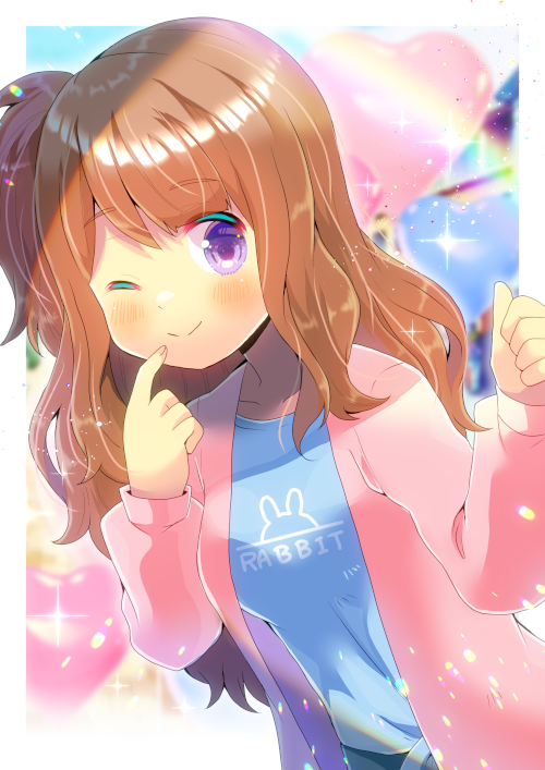 1girl ;) bangs blue_shirt blurry blurry_background blush breasts brown_hair closed_mouth commission copyright_request depth_of_field eyebrows_visible_through_hair hands_up heart jacket kou_hiyoyo lens_flare long_hair looking_at_viewer one_eye_closed one_side_up open_clothes open_jacket pink_jacket shirt skeb_commission small_breasts smile solo sparkle very_long_hair violet_eyes virtual_youtuber