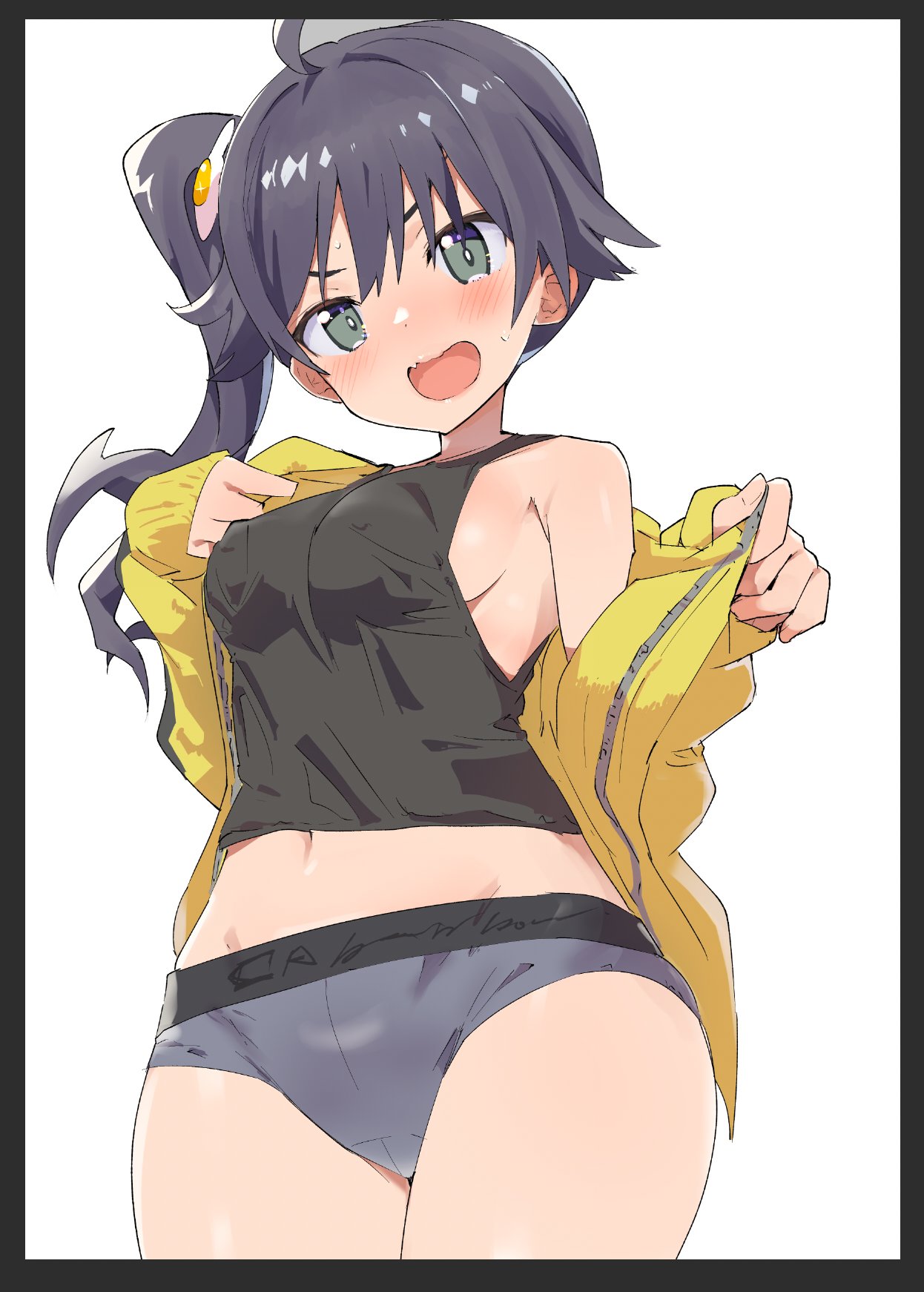 1girl araragi_karen bangs black_border black_hair black_shirt blush border breasts caburi commentary covered_nipples cowboy_shot crotch_seam egg_hair_ornament food-themed_hair_ornament frown grey_eyes grey_panties hair_ornament highres jacket jacket_pull long_hair long_sleeves looking_at_viewer medium_breasts midriff monogatari_(series) navel no_pants open_clothes open_jacket open_mouth panties pulled_by_self shirt side_ponytail simple_background solo standing tank_top tearing_up underwear undressing white_background yellow_jacket