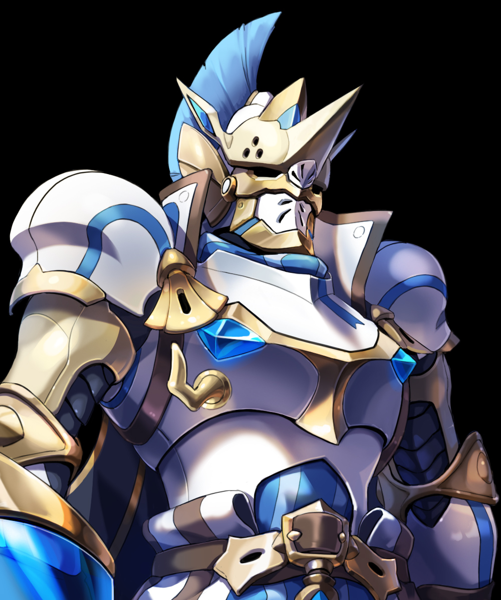 1boy armor belt black_background blue_shirt breastplate commentary crystal full_armor gauntlets gerard_(world_flipper) helm helmet male_focus pauldrons plume sapphire_(gemstone) shirt shoulder_armor simple_background solo spikes standing striped striped_shirt taedu upper_body white_armor world_flipper