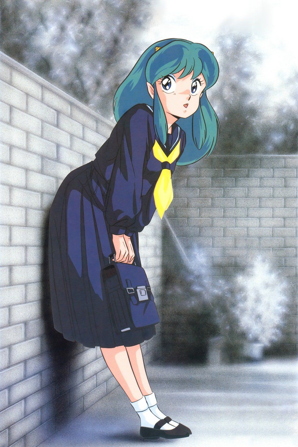 1980s_(style) 1girl against_wall bangs black_footwear blue_eyes briefcase eyeshadow green_hair highres holding holding_briefcase horns long_hair long_skirt long_sleeves lum makeup mary_janes monochrome_background official_art oni oni_horns open_mouth pleated_skirt pointy_ears retro_artstyle scan school_briefcase school_uniform shoes skirt solo standing urusei_yatsura