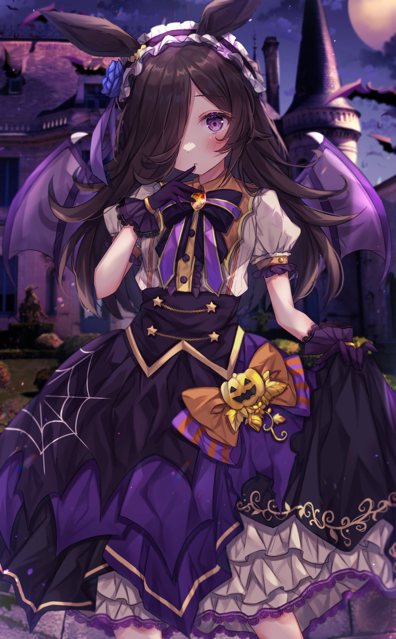 1girl animal_ears bangs bat bat_wings black_bow blue_flower blush bow building center_frills closed_mouth commentary_request eyebrows_visible_through_hair feet_out_of_frame finger_to_mouth flower frilled_hairband frills gloves hair_flower hair_ornament hair_over_one_eye hairband hand_up highres horse_ears horse_girl long_hair looking_at_viewer make_up_in_halloween!_(umamusume) moon night orange_bow outdoors puffy_short_sleeves puffy_sleeves purple_gloves purple_skirt rice_shower_(umamusume) shirt short_sleeves skirt skirt_hold solo sorashima_(117) spider_web_print standing two-tone_skirt umamusume violet_eyes white_shirt wings