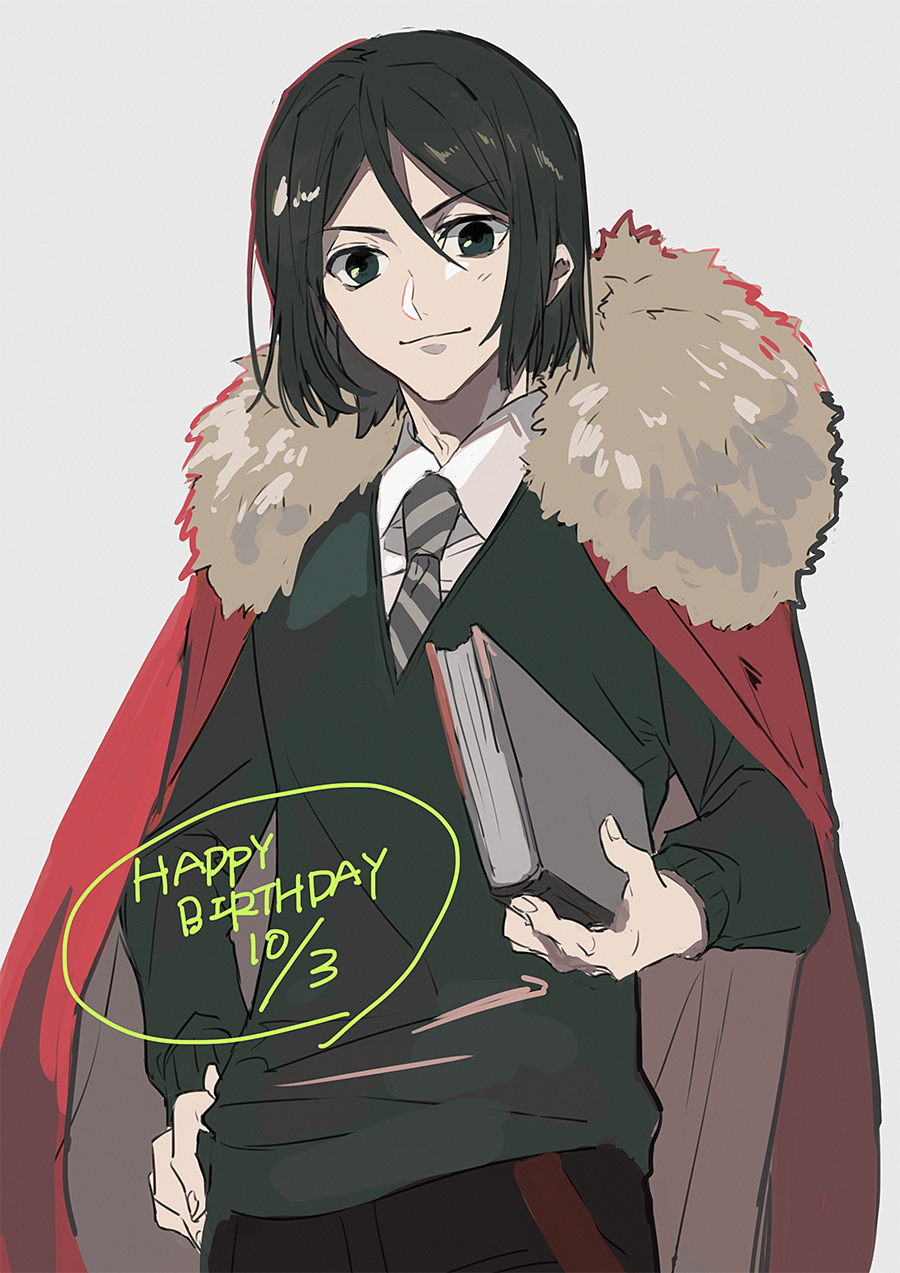 1boy black_hair black_pants bob_cut book cape closed_mouth collared_shirt cosplay cowboy_shot ebanoniwa fate/zero fate_(series) fur-trimmed_cape fur_trim green_eyes green_sweater grey_neckwear hand_on_hip happy_birthday highres holding holding_book iskandar_(fate) iskandar_(fate)_(cosplay) looking_at_viewer male_focus necktie pants red_cape shirt simple_background smile solo standing sweater waver_velvet white_background white_shirt wing_collar