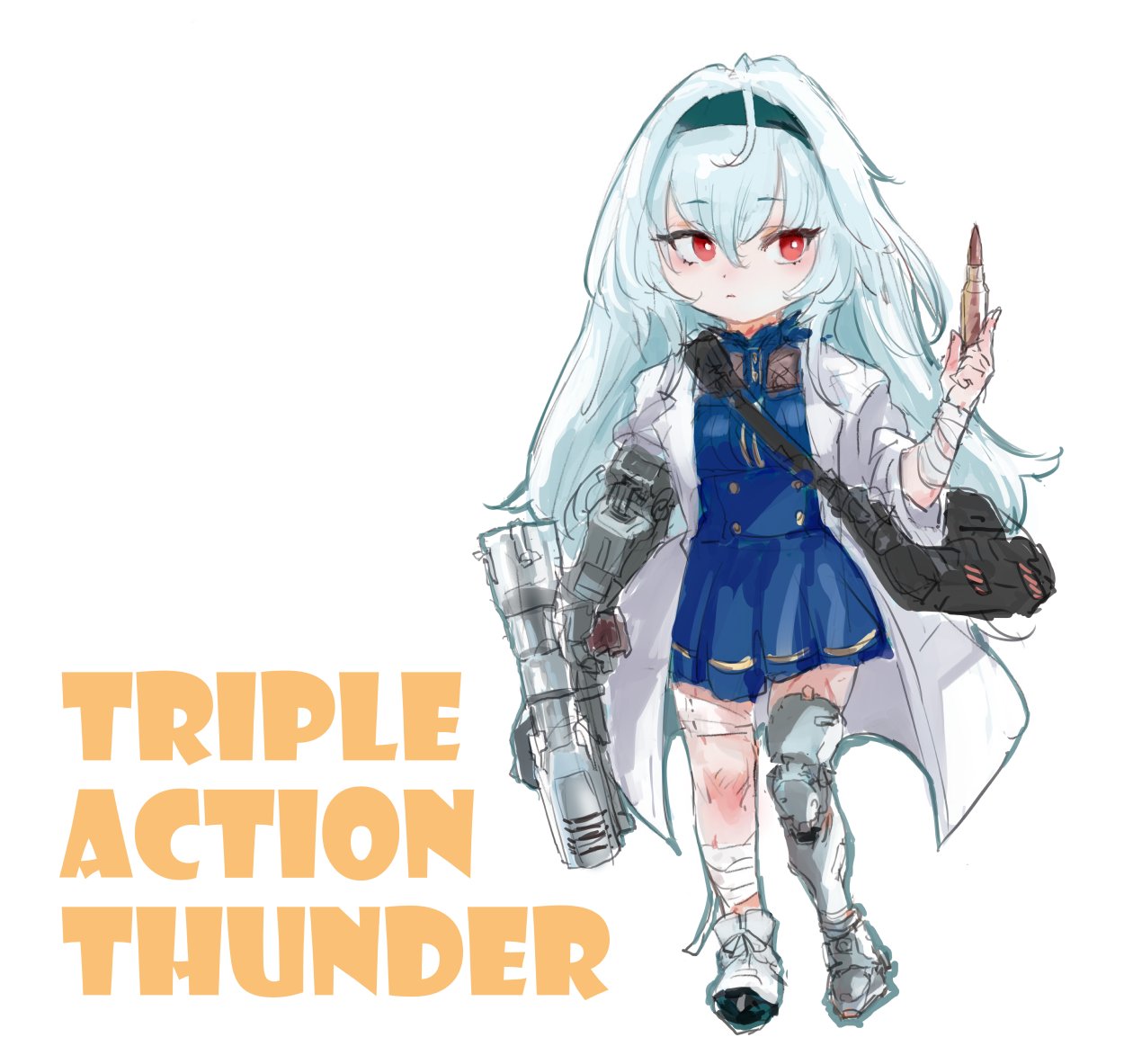 1girl ahoge bag bandaged_arm bandaged_leg bandages blue_hair blue_skirt cartridge character_name chibi coat commentary eyebrows_visible_through_hair full_body girls'_frontline_glitch_land girls_frontline gun hair_between_eyes hairband handgun holding holding_gun holding_weapon long_hair mechanical_arms mechanical_legs osakana_(denpa_yun'yun) red_eyes scar shoulder_bag simple_background single_mechanical_arm single_mechanical_leg skirt solo thunder_(girls'_frontline) triple_action_thunder weapon white_background white_coat