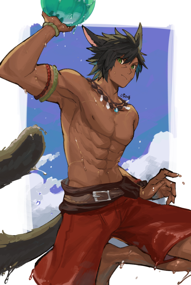 1boy abs animal_ears armlet armpits avatar_(ffxiv) ball barefoot belt black_hair black_tail blue_background blue_sky border bracelet brown_belt cat_boy cat_ears cat_tail closed_mouth clouds commentary_request dark-skinned_male dark_skin day final_fantasy final_fantasy_xiv green_eyes hair_between_eyes holding holding_ball jewelry leather_belt male_focus miqo'te mn_(zig_r14) necklace nipples outdoors outside_border red_shorts scar scar_on_cheek scar_on_face short_hair shorts sky solo tail toned toned_male v-shaped_eyebrows water_drop wet white_border