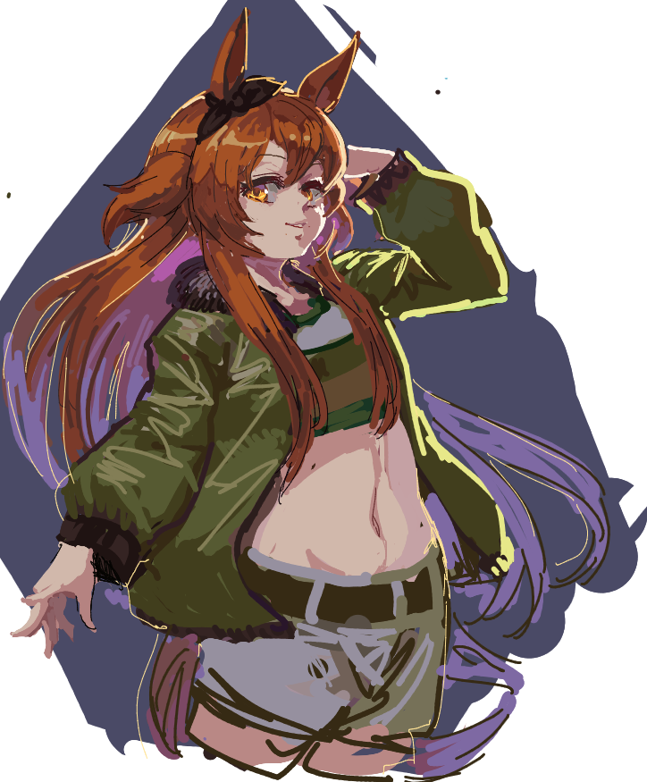 1girl animal_ears brown_eyes brown_hair cowboy_shot green_jacket grey_shorts hand_up horse_ears inishie_kumo jacket looking_at_viewer mayano_top_gun_(umamusume) midriff navel open_clothes open_jacket short_shorts shorts smile solo standing twintails two_side_up umamusume