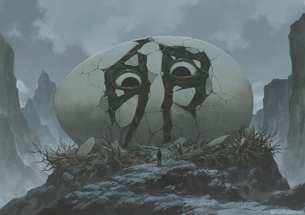 1other broken_egg clouds cloudy_sky commentary_request egg eye_focus facing_away kanji looking_at_another monster mountain nature nest nurikabe_(mictlan-tecuhtli) original outdoors sky solo standing very_wide_shot