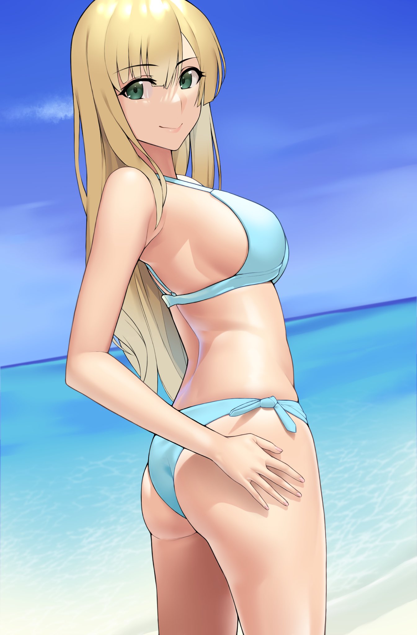 1girl ass beach bikini blonde_hair blue_bikini blue_sky breasts closed_mouth clouds cloudy_sky commentary cowboy_shot day eyebrows_visible_through_hair green_eyes hair_between_eyes highres karakari lips long_hair looking_at_viewer looking_back medium_breasts ocean outdoors senran_kagura side-tie_bikini sideboob sky smile solo standing straight_hair swimsuit thighs yomi_(senran_kagura)