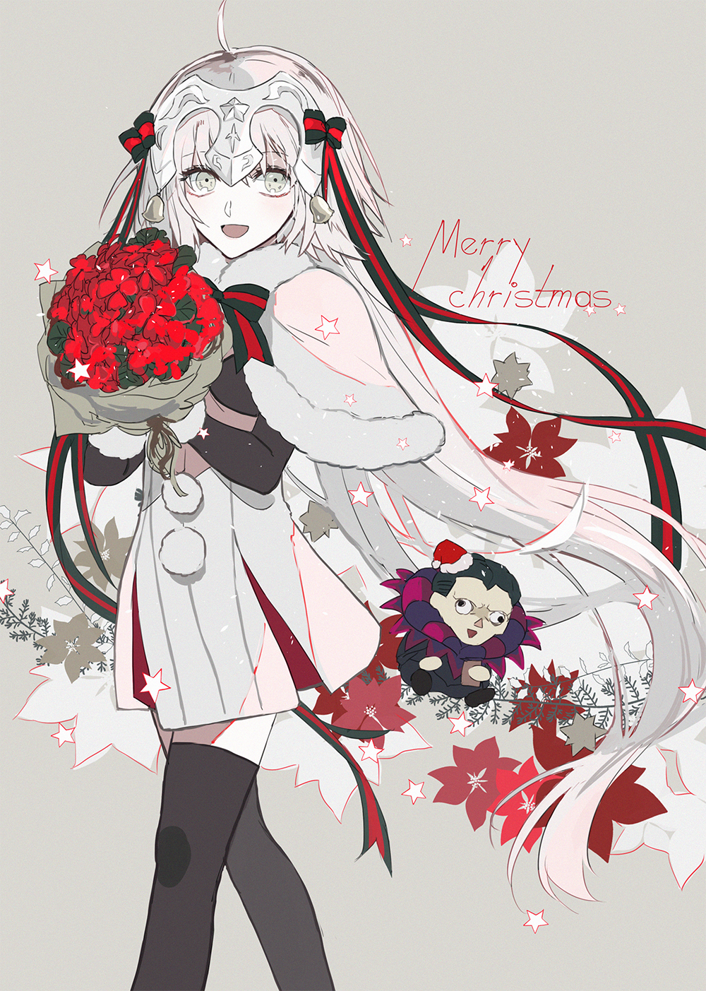 1boy 1girl :d ahoge black_legwear bouquet character_doll ebanoniwa fate/grand_order fate_(series) flower gilles_de_rais_(caster)_(fate) grey_background grey_eyes grey_hair headpiece highres holding holding_bouquet jeanne_d'arc_(fate) jeanne_d'arc_alter_santa_lily_(fate) looking_at_viewer merry_christmas open_mouth red_flower simple_background smile standing thigh-highs