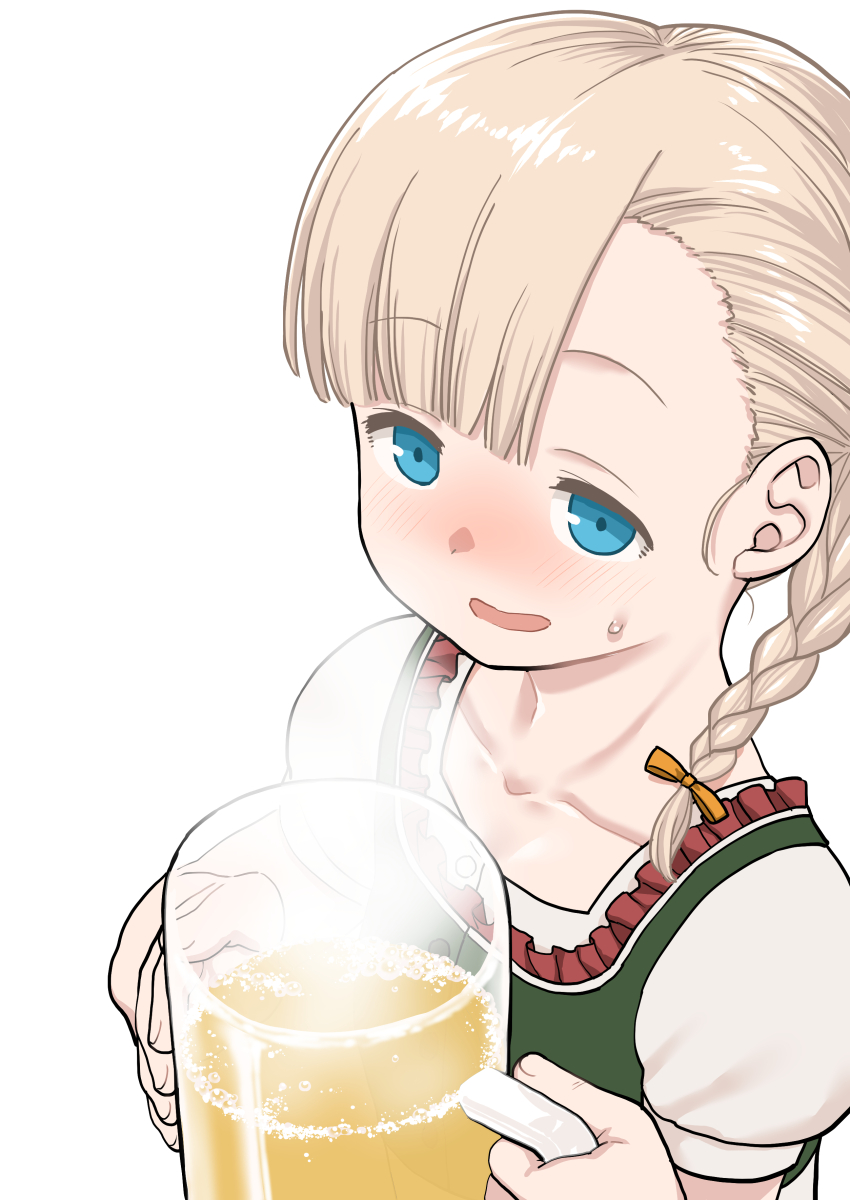 1girl alcohol beer beer_mug blonde_hair blue_eyes blush braid commentary_request cup dirndl dress eyebrows_visible_through_hair german_clothes harukaze_unipo highres holding holding_cup kantai_collection medium_hair mug open_mouth shin'you_(kancolle) simple_background solo steam sweatdrop upper_body white_background
