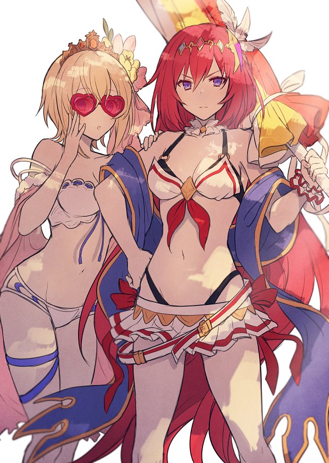 2girls adjusting_eyewear bangs beach_umbrella belt bikini bikini_skirt blonde_hair breasts choker closed_mouth europa_(granblue_fantasy) feet_out_of_frame godsworn_alexiel granblue_fantasy groin hand_on_another's_shoulder hand_on_hip headpiece heart heart-shaped_eyewear holding holding_umbrella kingyo_114 lace-trimmed_bikini lace_trim long_hair looking_at_viewer medium_breasts multiple_girls navel o-ring o-ring_top official_alternate_costume parted_lips redhead scrunchie shawl short_hair simple_background standing sunglasses swimsuit tiara umbrella very_long_hair violet_eyes white_background wrist_scrunchie