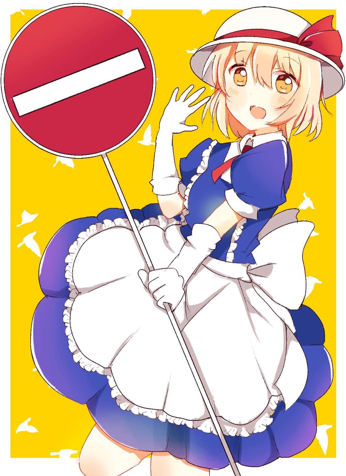 1girl apron back_bow blonde_hair blue_dress blush bow clouds dress eyebrows_visible_through_hair frilled_apron frills gloves grass happy hat hat_bow highres holding holding_sign kana_anaberal looking_at_viewer puffy_short_sleeves puffy_sleeves road_sign short_sleeves sign touhou touhou_(pc-98) waist_apron white_apron zeroko-san_(nuclear_f)