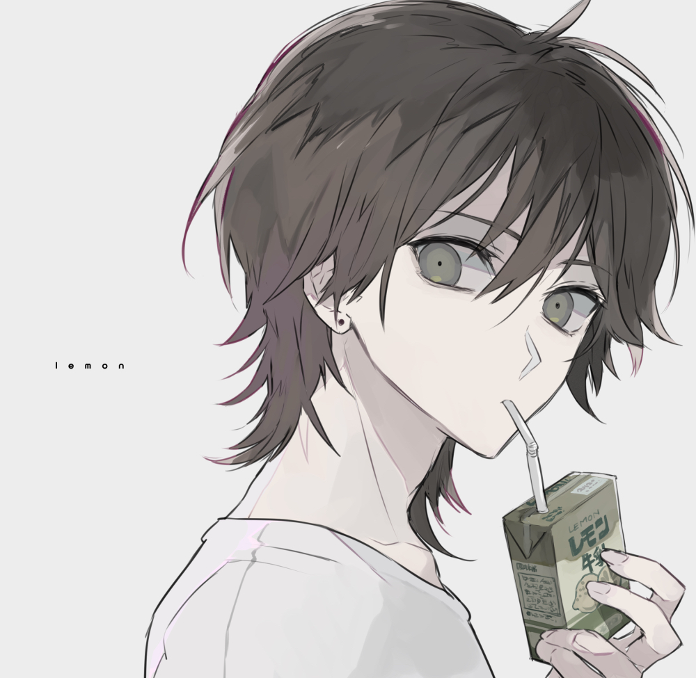 1other androgynous brown_hair character_request drinking drinking_straw earrings ebanoniwa fingernails from_side grey_eyes jewelry juice_box looking_at_viewer looking_to_the_side medium_hair original simple_background stud_earrings upper_body white_background wide-eyed