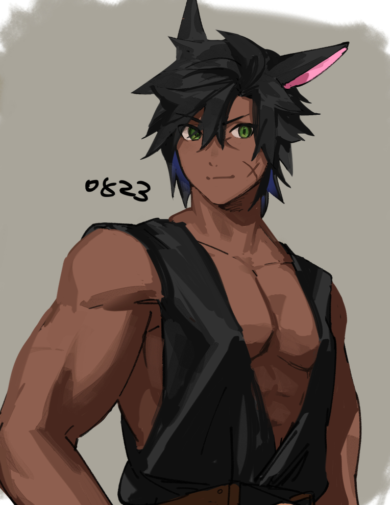 1boy abs arms_at_sides avatar_(ffxiv) black_hair cat_boy closed_mouth clothing_request commentary_request dark-skinned_male dark_skin eyebrows_visible_through_hair final_fantasy final_fantasy_xiv green_eyes grey_background hair_between_eyes light_smile looking_at_viewer male_focus miqo'te mn_(zig_r14) pectorals scar scar_on_cheek scar_on_face short_hair sketch solo split_mouth toned toned_male upper_body v-shaped_eyebrows