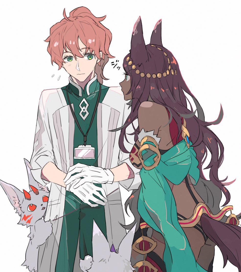 1boy 1girl animal_ears ass character_request closed_mouth dark-skinned_female dark_skin ebanoniwa eye_contact fate/grand_order fate_(series) flying_sweatdrops fou_(fate) from_side gloves green_eyes id_card labcoat lanyard long_hair long_sleeves looking_at_another ponytail purple_hair queen_of_sheba_(fate) romani_archaman simple_background tail white_background white_gloves wide-eyed