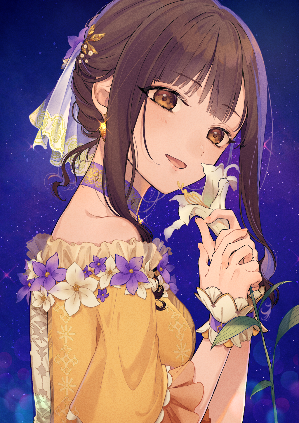 1girl :d bangs bare_shoulders blue_sky brown_dress brown_eyes brown_hair chisumi commentary_request dress eyebrows_visible_through_hair flower hands_up highres holding holding_flower idolmaster idolmaster_cinderella_girls long_hair looking_at_viewer looking_to_the_side mizumoto_yukari night night_sky off-shoulder_dress off_shoulder open_mouth own_hands_together sky smile solo star_(sky) starry_sky wrist_cuffs