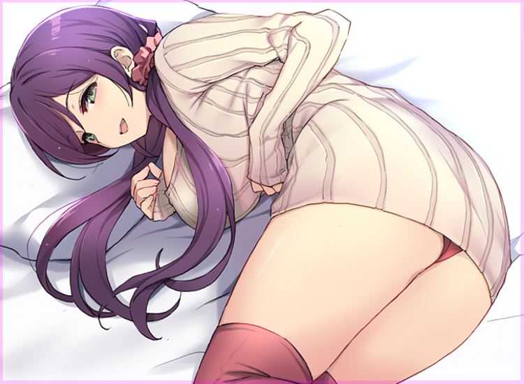 1girl bed_sheet breasts duke_(inu_daimyou) eyebrows_visible_through_hair green_eyes hair_ornament hair_scrunchie large_breasts long_hair long_sleeves looking_at_viewer love_live! love_live!_school_idol_project low_twintails lying on_side open_mouth panties pillow pink_scrunchie purple_hair red_legwear red_panties scrunchie solo sweater thigh-highs thighs toujou_nozomi twintails underwear white_sweater