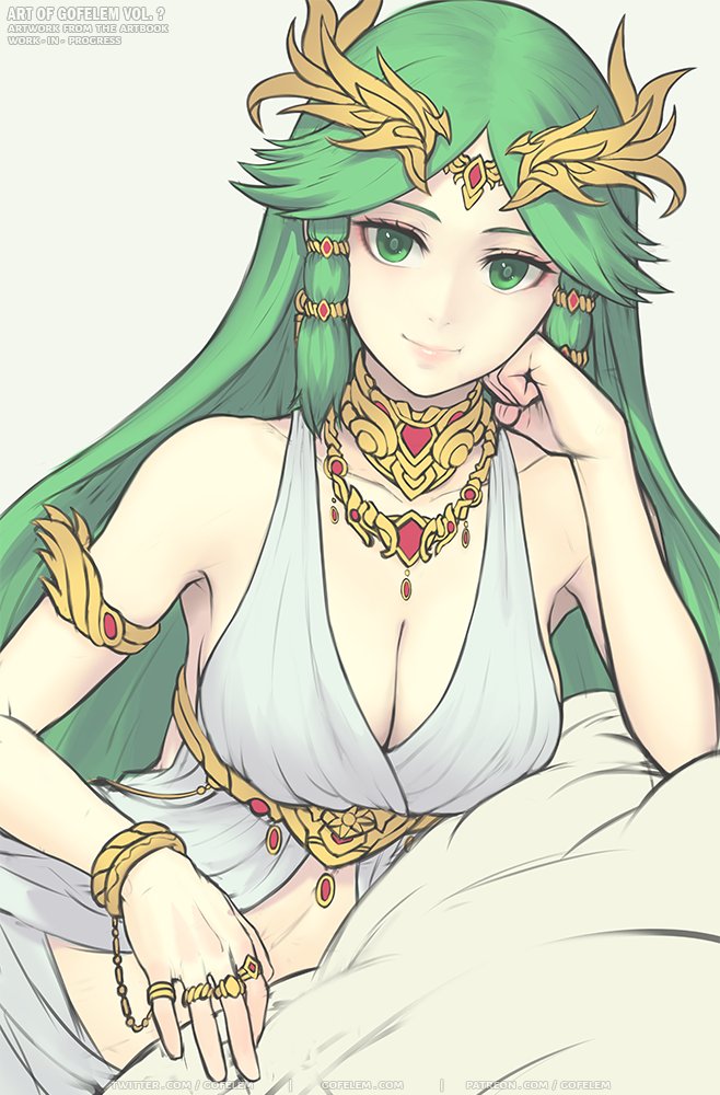 1girl bare_shoulders bed breasts dress gofelem green_eyes green_hair jewelry kid_icarus large_breasts long_hair looking_at_viewer navel necklace palutena smile solo super_smash_bros. tiara underwear very_long_hair