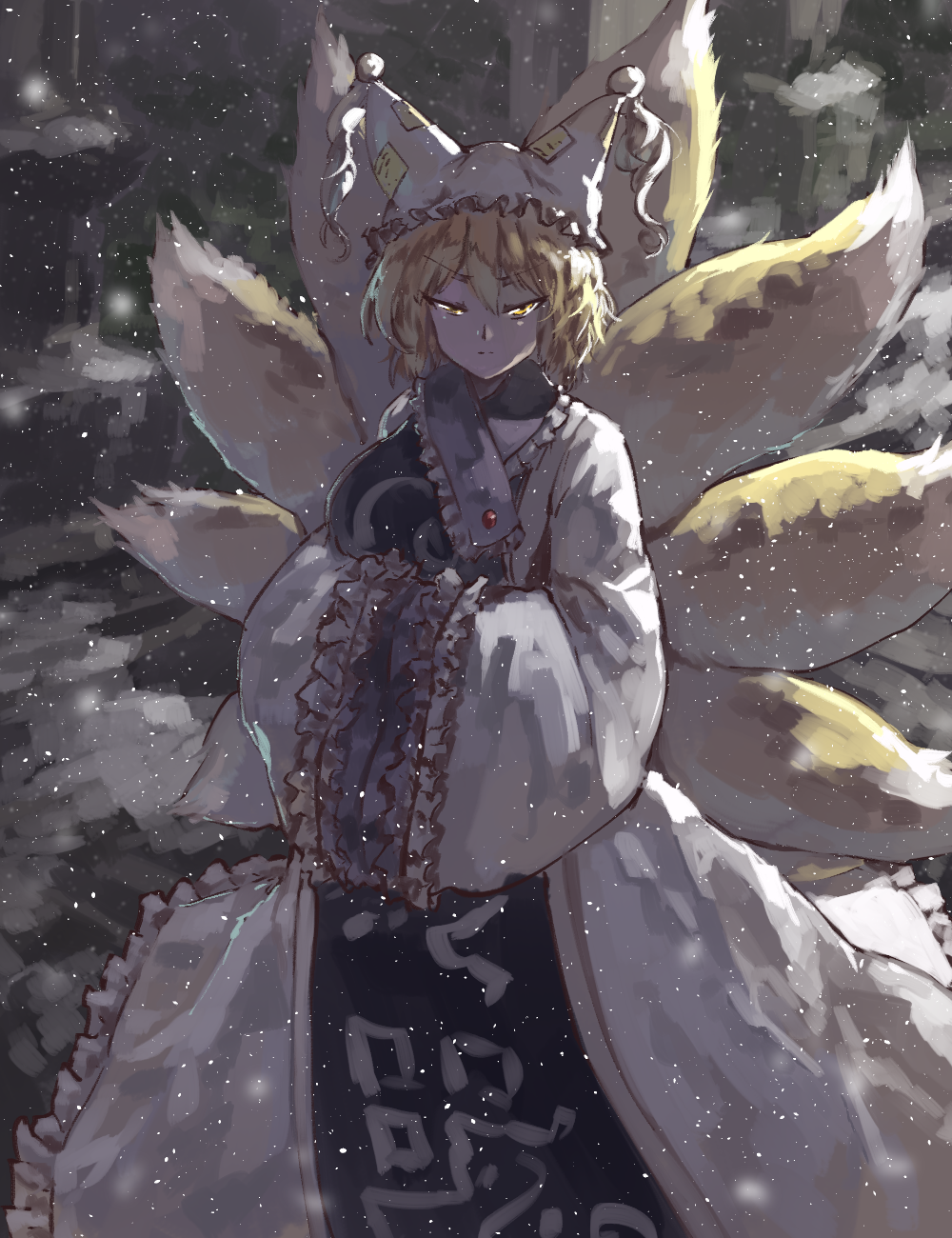 1girl bangs blonde_hair breasts dress fox_tail frills hands_in_opposite_sleeves hat highres long_sleeves looking_at_viewer medium_breasts medium_hair multiple_tails one-hour_drawing_challenge pillow_hat solo sunyup tabard tail tassel touhou white_dress white_headwear wide_sleeves yakumo_ran yellow_eyes