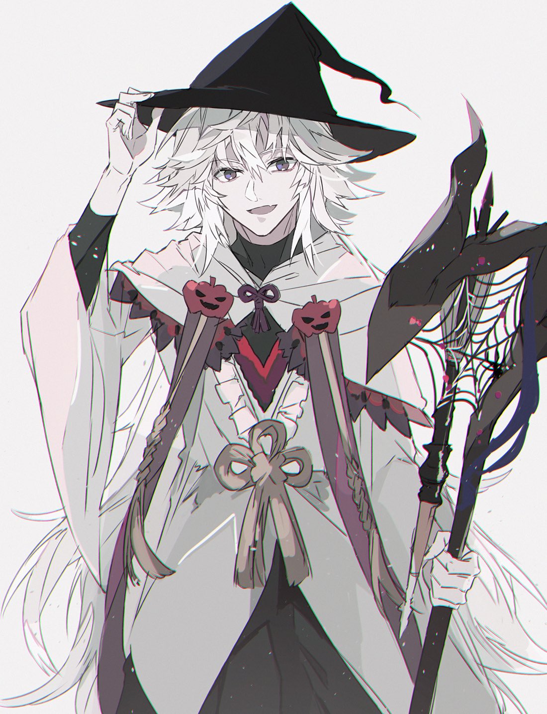 1boy :d ebanoniwa fang fate/grand_order fate_(series) hat highres holding holding_staff long_hair long_sleeves looking_at_viewer male_focus merlin_(fate) open_mouth robe simple_background skin_fang smile solo staff very_long_hair violet_eyes white_background white_hair wide_sleeves witch_hat