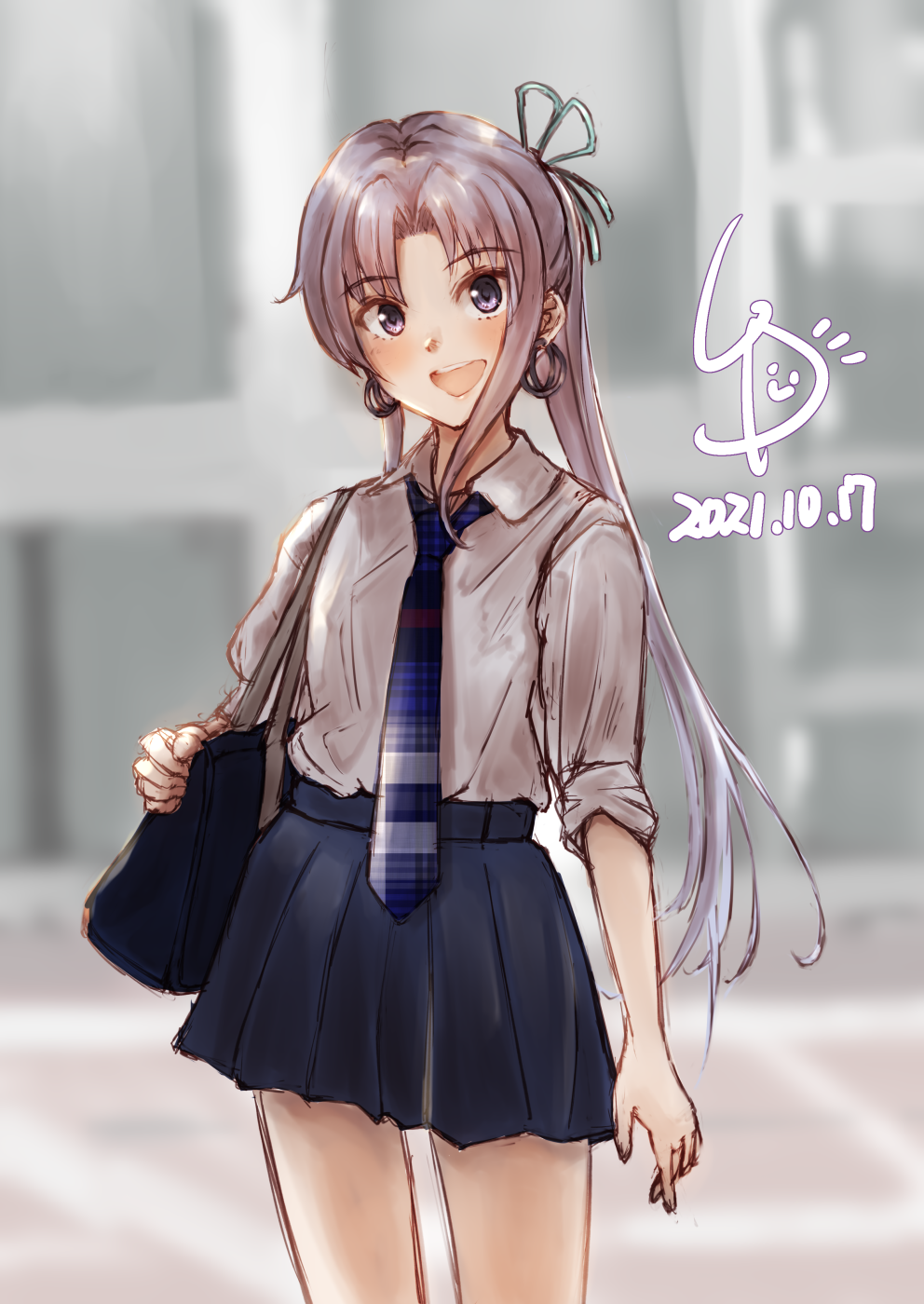 1girl ahoge akitsushima_(kancolle) alternate_costume artist_logo back blue_neckwear blue_skirt commentary_request cowboy_shot dated dress_shirt grey_hair highres kantai_collection ld_(luna_dial398) long_hair looking_at_viewer neckerchief one-hour_drawing_challenge pleated_skirt school_uniform shirt side_ponytail sidelocks skirt sleeves_rolled_up solo standing violet_eyes white_shirt