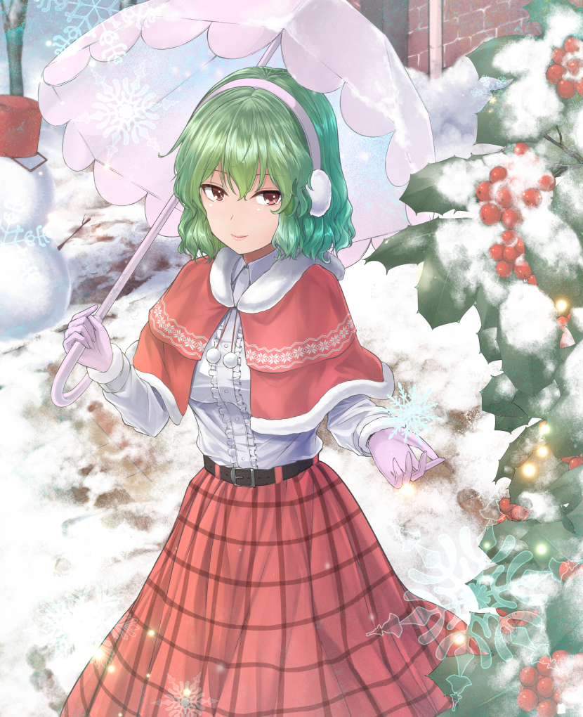 1girl adapted_costume belt brown_hair capelet center_frills commentary_request day earmuffs frills fur-trimmed_capelet fur_trim gloves green_hair kazami_yuuka long_sleeves looking_at_viewer medium_hair outdoors parasol pink_gloves red_capelet red_skirt shirt skirt smile snow snowflakes snowman solo touhou umbrella white_shirt winter y2