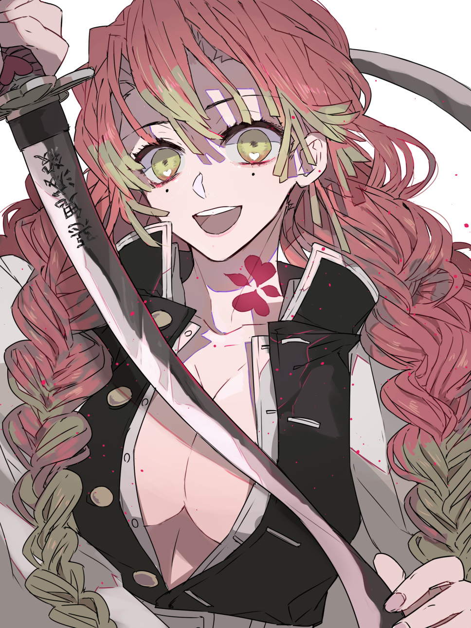 1girl :d belt black_jacket breasts ebanoniwa fingernails gradient_hair green_eyes green_hair heart heart_in_eye highres holding holding_sword holding_weapon jacket kanroji_mitsuri katana kimetsu_no_yaiba large_breasts looking_at_viewer mole mole_under_eye multicolored_hair open_mouth pink_hair simple_background smile solo sword symbol_in_eye teeth upper_body upper_teeth weapon white_background white_belt