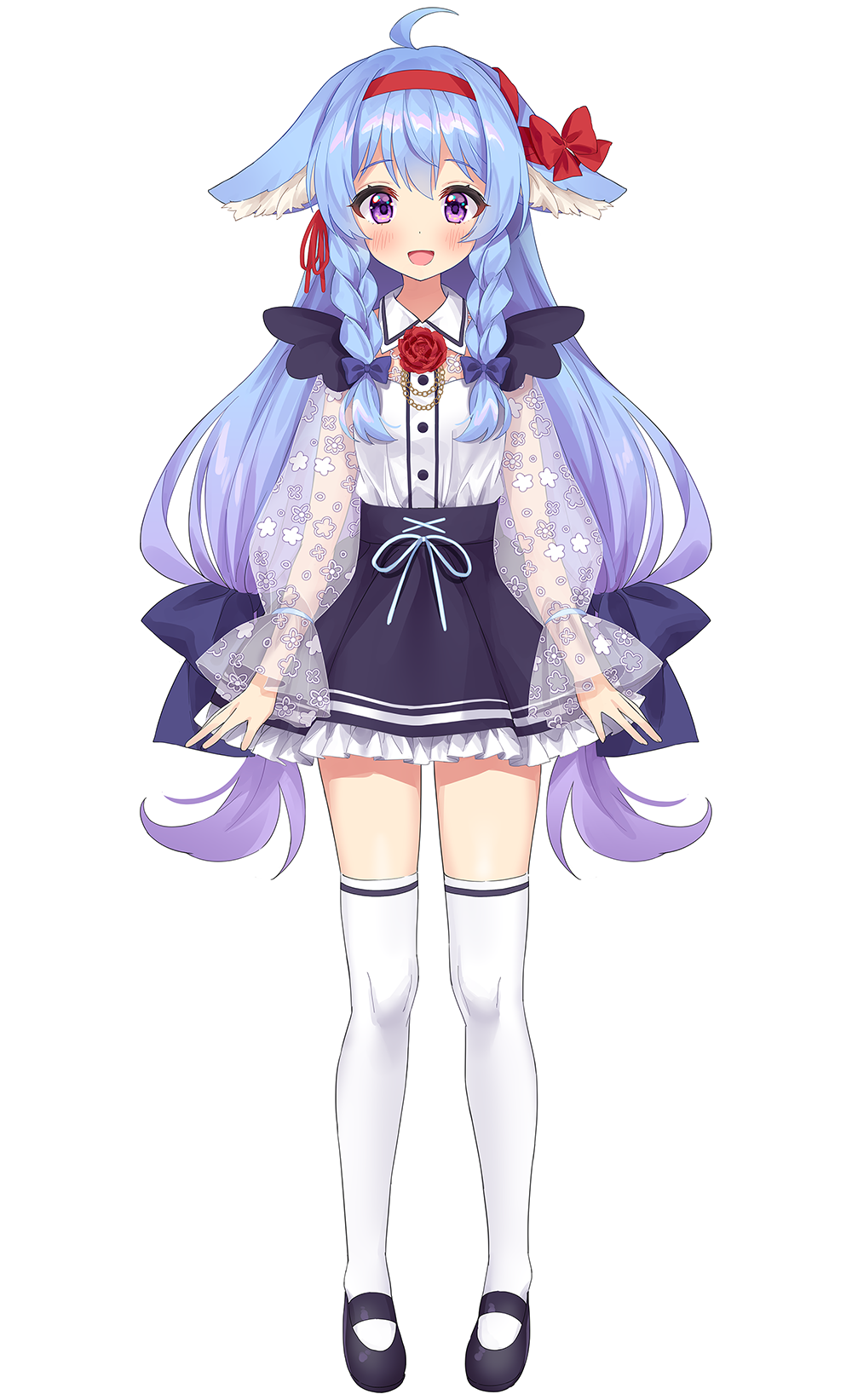 1girl :d animal_ear_fluff animal_ears bangs black_bow black_footwear black_skirt blue_bow blue_hair blush bow braid chobi_(penguin_paradise) collared_shirt commentary_request copyright_request dress_shirt ear_bow eyebrows_visible_through_hair flower frilled_skirt frills full_body gradient_hair hair_between_eyes hair_bow hair_ribbon hairband highres long_hair long_sleeves looking_at_viewer multicolored_hair open_mouth puffy_long_sleeves puffy_sleeves purple_hair red_bow red_flower red_hairband red_ribbon red_rose ribbon rose see-through see-through_sleeves shirt shoes simple_background skirt sleeves_past_wrists smile solo standing thigh-highs twin_braids very_long_hair violet_eyes virtual_youtuber white_background white_legwear white_shirt