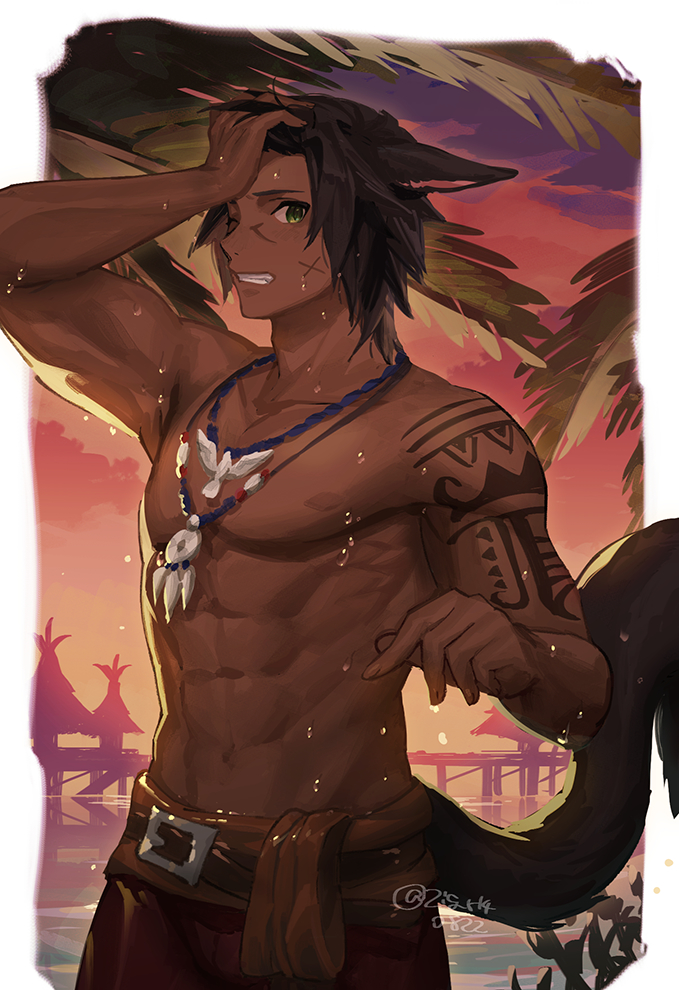 1boy abs animal_ears arm_up avatar_(ffxiv) belt black_hair black_tail bodypaint border brown_belt cat_boy cat_ears cat_tail collarbone commentary_request dark-skinned_male dark_skin evening final_fantasy final_fantasy_xiv green_eyes grin hand_on_own_forehead hands_up jewelry looking_at_viewer male_focus miqo'te mn_(zig_r14) necklace nipples orange_sky outdoors outside_border palm_tree pier red_shorts scar scar_on_cheek scar_on_face short_hair shorts shoulder_tattoo sky smile solo tail tattoo toned toned_male tree water wet white_border